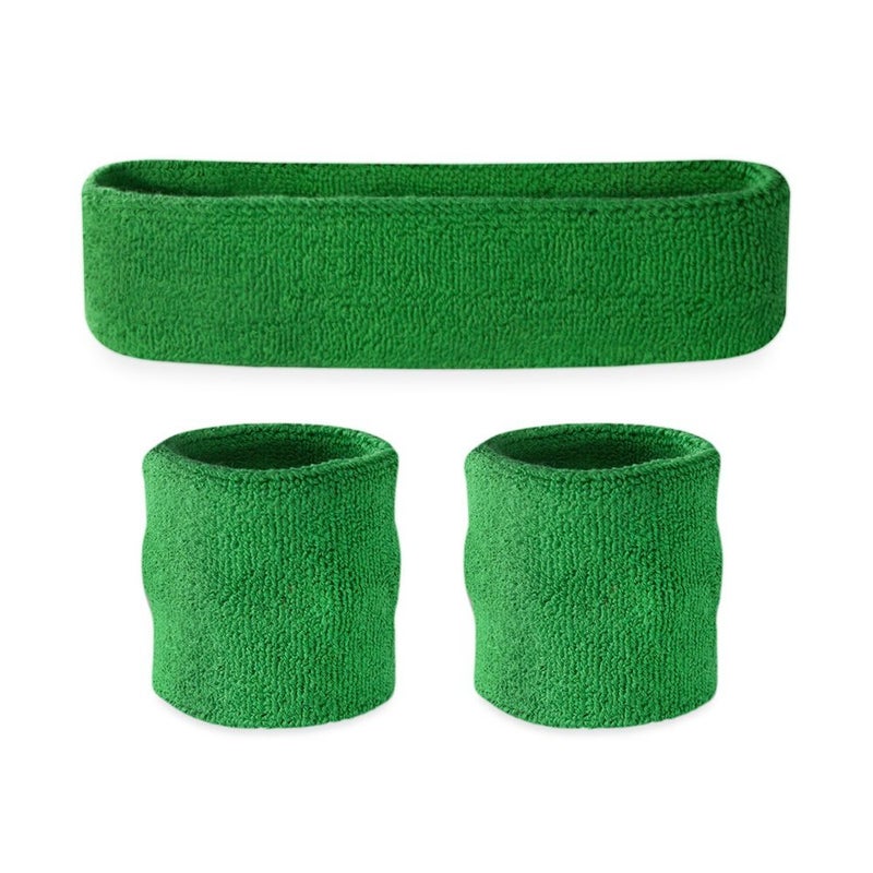Suddora Sweatbands for Kids, Moisture Wicking 2 Wristbands and 1 Headband Set, Soft and Skin-Friendly Fabric, Moisture-Wicking Athletic Sweat Bands for Basketball, Baseball, Soccer, Green